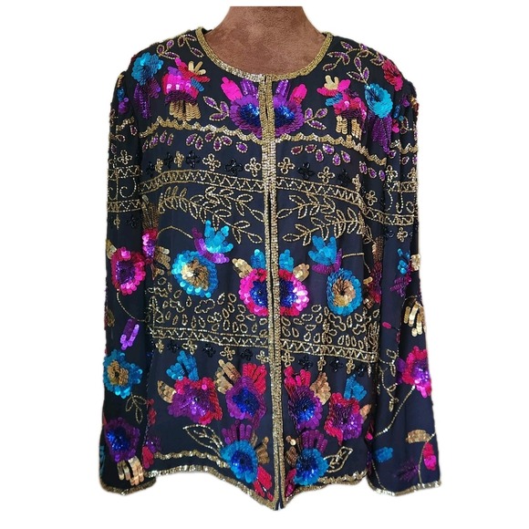 Draper'S & Damon'S Jackets & Blazers - Drapers & Damons Silk Jacket Sequins Size‎ M Colorful Gold Beaded Vintage 90s